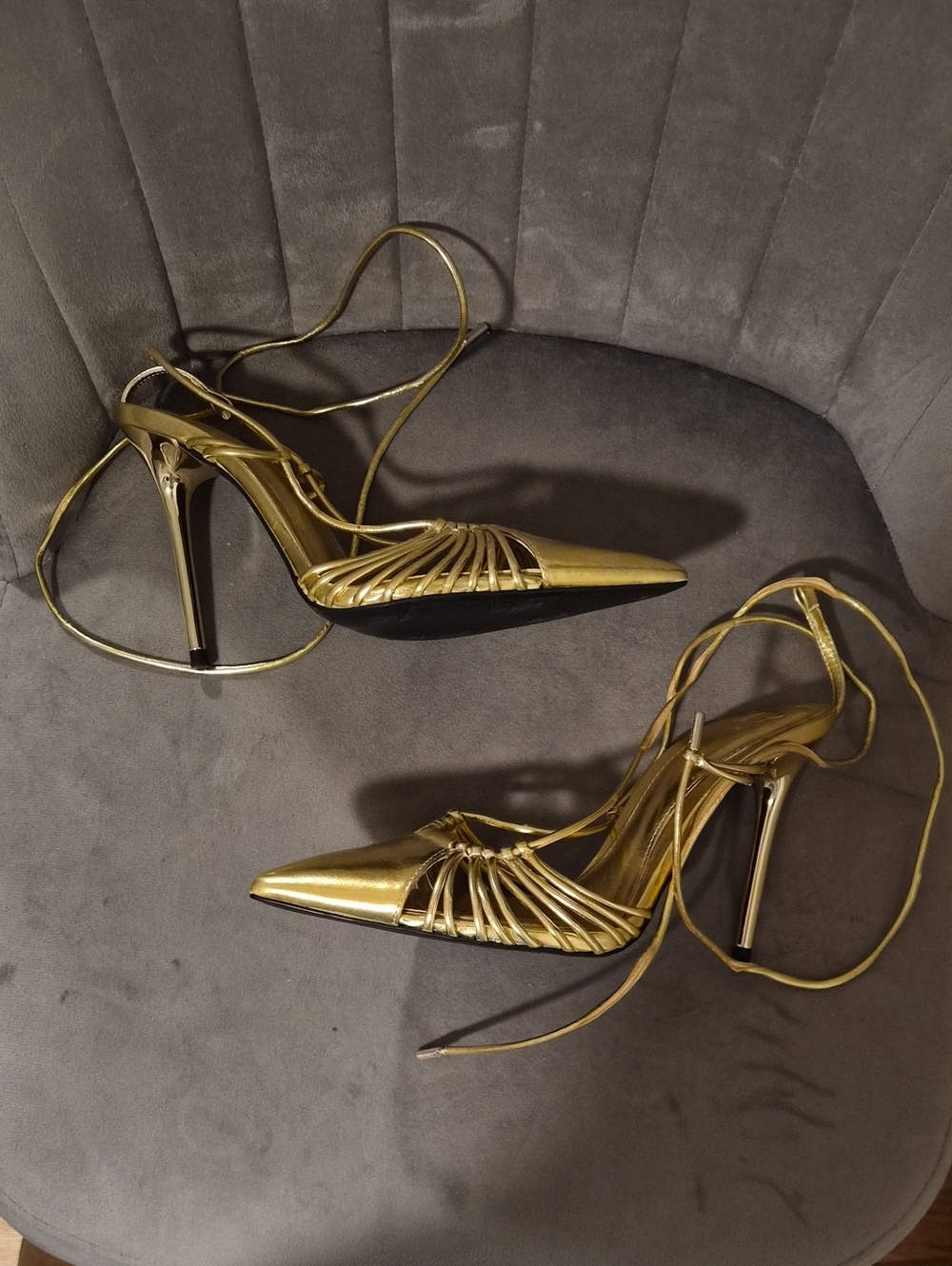 Zara Metallic Gold Pointed Lace-Up Stiletto Heels